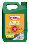 Grön plastbehållare med etiketten "Substral SPEED AC Ättika mot Ogräs". Visar bilder på maskrosor och en trädgårdsgång.
