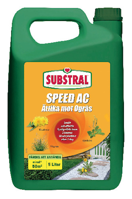 Grön plastbehållare med etiketten "Substral SPEED AC Ättika mot Ogräs". Visar bilder på maskrosor och en trädgårdsgång.