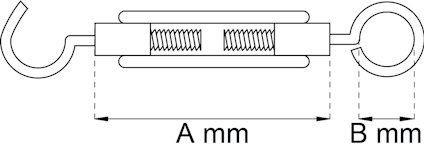 Ritning av fjäder med krokar på båda ändar, markeringar A mm och B mm visar längdmått.