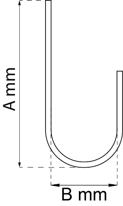 Schematiskt diagram av ett U-format rör med måttangivelser A och B i millimeter.