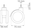 Konstruktion av en möbelhjul med mått: 56 mm bredd, 75 mm diameter, 10 mm skruv, och 23 mm skruvhöjd.