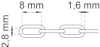 Länkad metallkedja med mått: 8 mm längd, 2,8 mm höjd, 1,6 mm trådtjocklek.