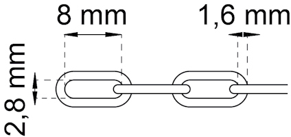 Länkad metallkedja med mått: 8 mm längd, 2,8 mm höjd, 1,6 mm trådtjocklek.