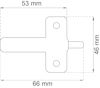 Ritning av metallbeslag med måtten 66 mm x 46 mm, hål placerade symmetriskt.