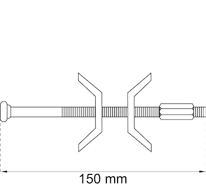 Ritning av ett 150 mm långt verktyg med ribbad sektion och vridbart handtag.