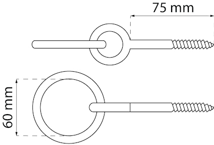 Ritning av skruvögla med måtten 75 mm längd och 60 mm ögla.