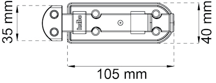 Ritning av en beslagdel med hål för skruvar och måtten 105 mm längd, 40 mm bredd, 35 mm höjd. Text: "Ingo".