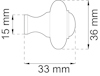 Diagram av en dörrknopp med måtten 15 mm, 33 mm, och 36 mm markerade.