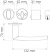 Ritning av dörrhandtag med lås; mått: 70 mm höjd, 132 mm längd, delar 52 mm och 31 mm.