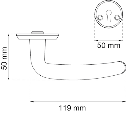 Ritning av dörrhandtag med mått: längd 119 mm, höjd 50 mm och nyckelskylt diameter 50 mm.