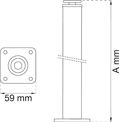 Diagram av ett cylindriskt objekt med bas och en fyrkantig topp med mått 59 mm. Höjd markerad som "A mm".