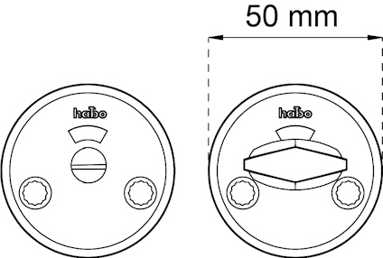 Två cirkulära låscylindrar från Habo, en uppifrån och en i sidovy, med mått 50 mm.