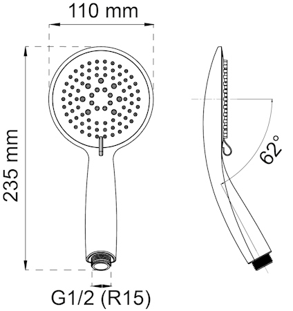 Ritning av en duschhandtag med dimensioner: 110 mm bred, 235 mm lång, 62° vinkel. Anslutning: G1/2 (R15).