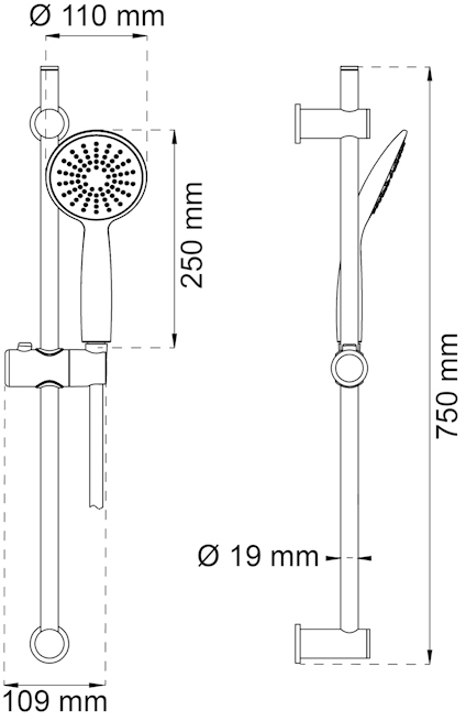 Diagram av duschset med handdusch, justerbar stång och angivna mått: 110 mm i diameter, 750 mm i höjd.