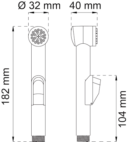 Duschhandtag med måttangivelser: längd 182 mm, diameter 32 mm för huvudet, bredd 40 mm, handtagets längd 104 mm.