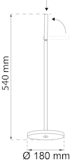 Diagram av en stående lampa med mått: höjd 540 mm, basdiameter 180 mm. Pilar indikerar justerbart huvud.