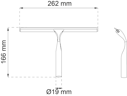 Streckritning av en fönsterskrapa med måtten 262 mm bredd, 166 mm höjd och handtagets diameter 19 mm.