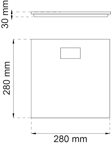 Ritning av en kvadratisk platta med måtten 280x280 mm x 30 mm, visas från sidan och fronten, med en rektangulär utskärning.