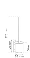 Illustration av toalettborste med väggfäste, mått: höjd 370 mm, fäste 120 mm, behållare 100 mm, bredd 83 mm.