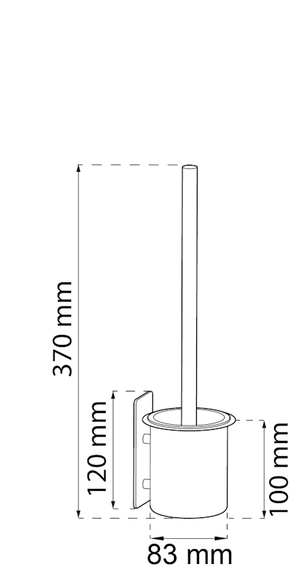 Illustration av toalettborste med väggfäste, mått: höjd 370 mm, fäste 120 mm, behållare 100 mm, bredd 83 mm.