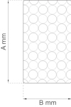 Diagram över en rektangel fylld med jämnt fördelade cirklar. Längden A mm, bredden B mm.