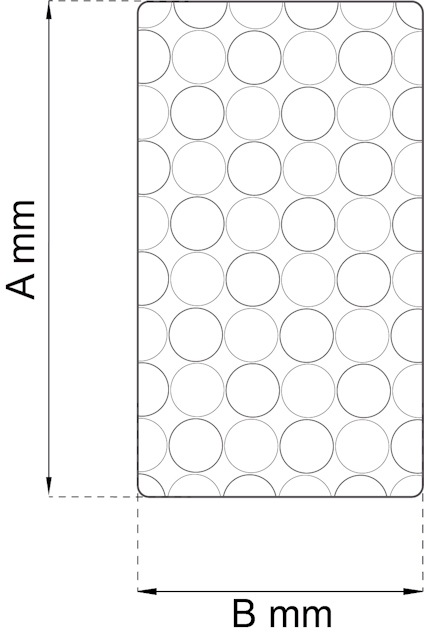 Diagram över en rektangel fylld med jämnt fördelade cirklar. Längden A mm, bredden B mm.