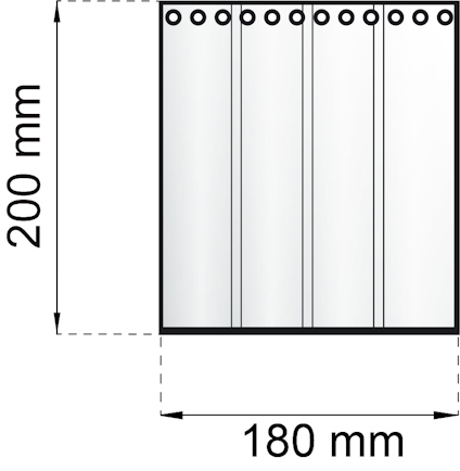Illustration av ett rektangulärt objekt med måtten 200 mm x 180 mm och flera cirkulära öppningar längs en kant.