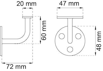 Ritning av en metallfäste med mått: 20 mm, 47 mm, 60 mm, 48 mm, 72 mm.