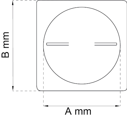 Ritning av kvadratisk platta med rund mitt och två horisontella linjer. Mått angivna: A mm och B mm.
