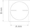 Kvadratisk symbol med cirkel och två horisontella streck inuti. Märkt med mått A mm och B mm.