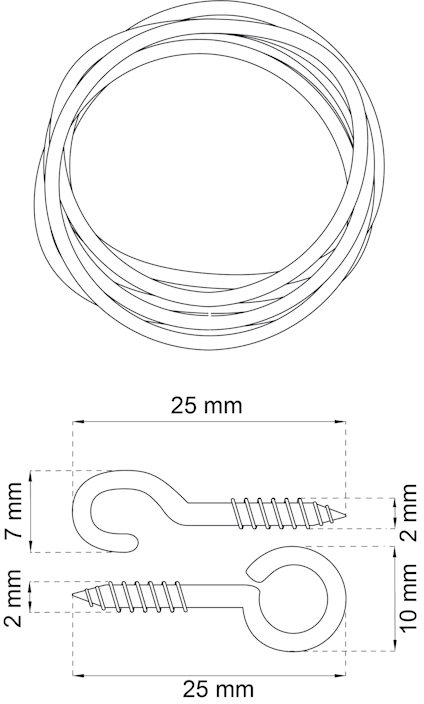 Schematiska ritningar av en krok med mått på 25 mm och 10 mm tråd, samt en spiralformad kabel.