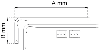Ritning av en L-formad komponent med mått A mm och B mm, samt två rektangulära hålmönster.