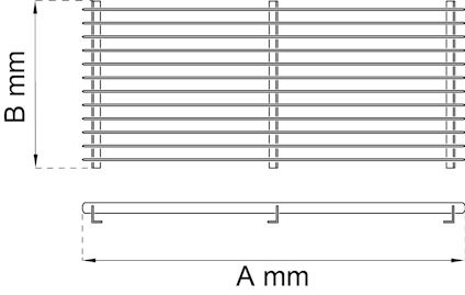Diagram of a grill with dimensions labeled as A mm and B mm, showing front and side views.