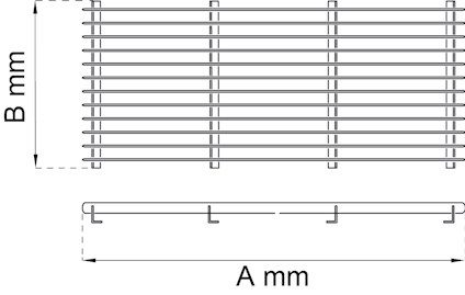 Ritning visar måttsatt galler i två perspektiv, märkta med "A mm" och "B mm".