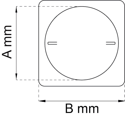 Diagram som visar en fyrkantig platta med en cirkulär mittdel, markerad med måtten A mm och B mm.