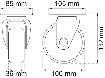 Ritning av en svängbar hjuldesign med mått: 85x36 mm plattform, 105 mm hjulbredd, 132 mm totalhöjd, 100 mm hjuldiameter.