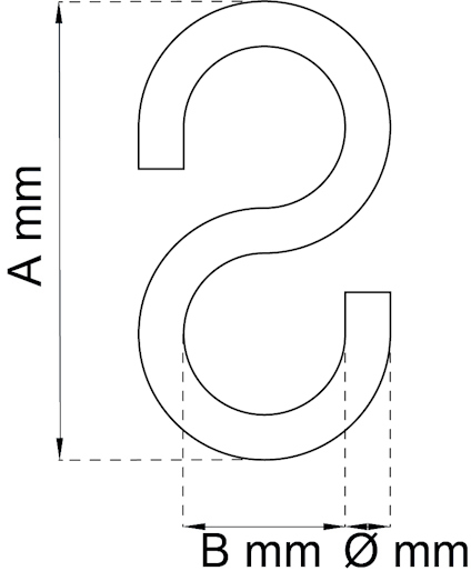 Schematisk ritning av en S-formad krok med måttangivelser: A mm, B mm, Ø mm.