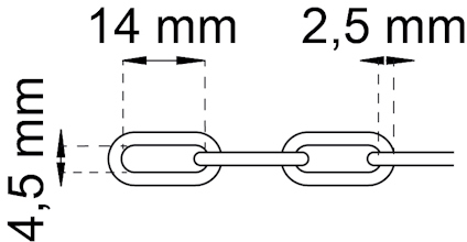 Diagram av en kedja med länkar. Specifikationer inkluderar 14 mm längd, 2,5 mm tjocklek och 4,5 mm bredd.