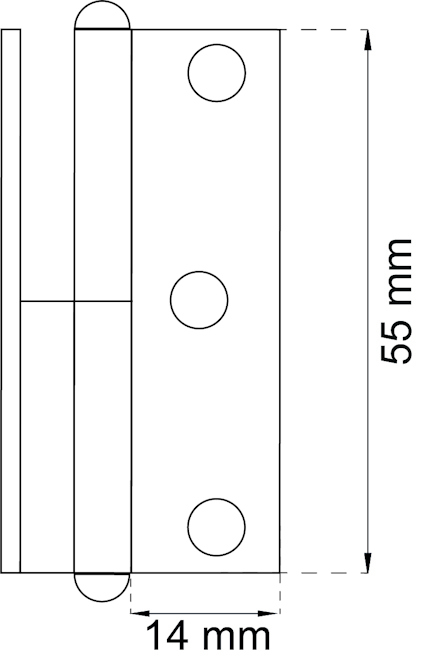 Ritning av gångjärn med tre hål, visar mått: höjd 55 mm, djup 14 mm.