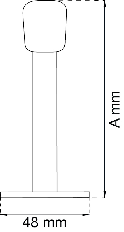 Ritning av en stolpe med en rundad topp och en rektangulär bas. Märkning: höjd A mm, basbredd 48 mm.