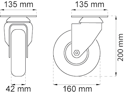 Teknisk ritning av ett hjul med dimensioner: 135 mm, 42 mm, 160 mm, 200 mm.