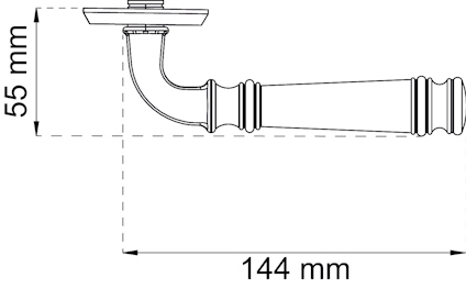 Dörrhandtag med måtten 55 mm i höjd och 144 mm i längd visas med teknisk ritning.