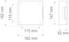 Ritning av en fyrkantig enhet med måtten 162x162x52 mm och monteringsmått 115x115 mm, sedd framifrån och från sidan.