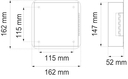 Ritning av en fyrkantig enhet med måtten 162x162x52 mm och monteringsmått 115x115 mm, sedd framifrån och från sidan.