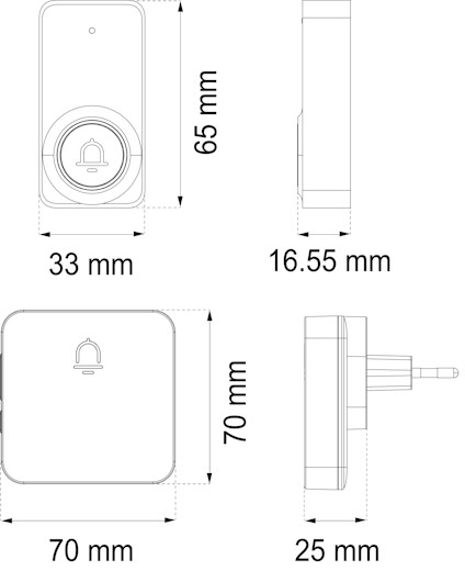 Ritning av dörrklocka och knapp med mått 65x33x16,55 mm och 70x70x25 mm. Klocksymbol på båda.
