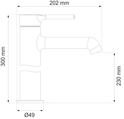 Ritteckning av en blandare med måtten 202 mm, 230 mm och 300 mm samt diameter Ø49 mm.
