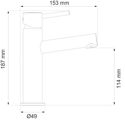 Ritning av blandare med måtten 153 mm (bredd) och 187 mm (höjd), 114 mm pip, diameter Ø49.