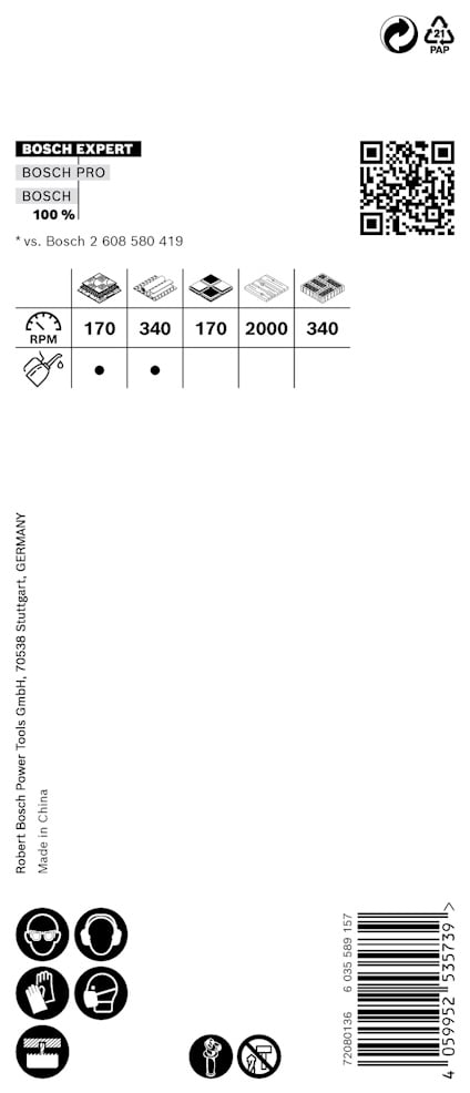 Etikett med Bosch Expert-logotyp, QR-kod, symboler för material och mått 170, 340, 170, 2000, 340. Stångkodsnummer: 8 059035 575759
