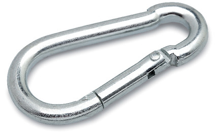 Metallisk karbinhake med fjäderbelastad grind i öppen position.