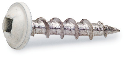 Metallskruv med platt, vitlackerat huvud och krysshuvudspår, designad för användning i fönsterbleck.